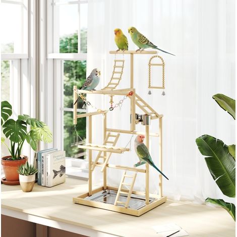 Trespolo gioco per uccelli a 4 livelli in legno con vassoio in acciaio inox e accessori OKWISH (1/5)
