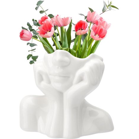 Vase Céramique Blanc 14 x 12.5 CM - Pot de Fleurs Avec Visage, Moderne Esthétique - Décoratif pour Salon, Table, Bureau (1/5)
