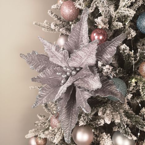 68cm Silver Velvet Poinsettia Stem with 2 Flowers Christmas Decoration (1/5)