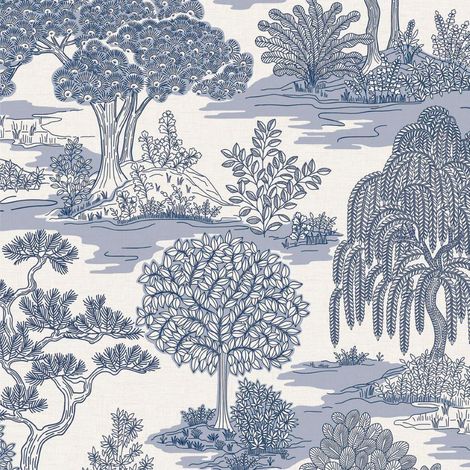 Fine Decor Zen Oriental Landscape Blue Wallpaper Naturistic Leaves Feature Wall (1/4)
