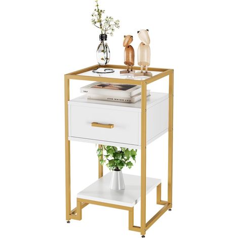 Chevet blanc et or plateau verre trempé 3 niveaux avec tiroir, table d’appoint chambre dortoir (1/5)