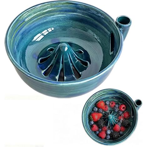 Bol à fruits rotatif automatique en céramique, avec trous d'égouttage, passoire et égouttoir, outil de nettoyage artisanal pour fruits bleus (1/5)