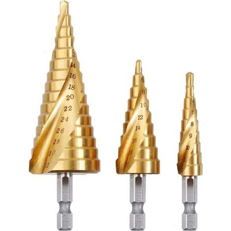 Set di 3 punte da trapano a gradini, in acciaio inox HSS, 4-12/20/32 mm, coniche triangolari in titanio, con attacco esagonale, per forare acciaio, ottone, legno e plastica. (1/4)