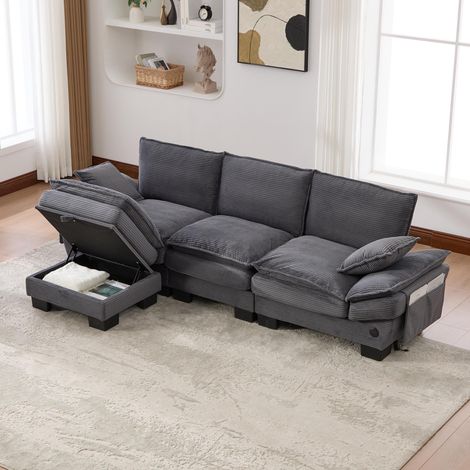 Canapé modulable 3 places velours côtelé gris foncé avec 1 pouf. Assise large ergonomique, mousse haute densité, port USB-C et poches latérales. Idéal pour salon, bureau et détente. (1/5)