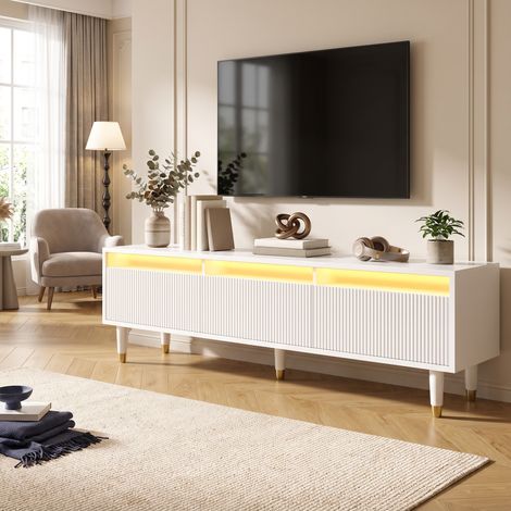 Meuble TV 178 cm avec 4 Tiroirs et Passe-câbles, Acrylique et Bois, Style Moderne Minimaliste, Blanc (1/5)