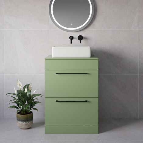 Napoli 460 Olive Green 600mm 2 Drawer Vanity Unit for Countertop Basins - 600mm - Matt Black 320mm Handle