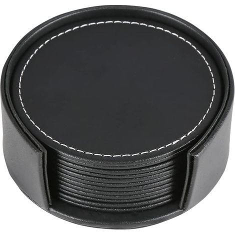 Lot de 6 dessous de verre, cuir synthétique, rond, noir, support inclus, pour table, cuisine, bureau (1/5)