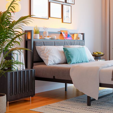 Cadre lit 140x200 avec LED intelligente, tête rembourrée mousse mémoire + port USB, sommier métal renforcé, stable et silencieux, assemblage rapide, sans sommier tapissier. (1/5)