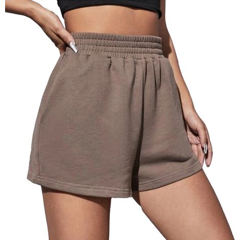 Short Large Femme Taille Haute Élastique Poche Latérale Pour Sport Loisirs Plage Voyage - Marron - Taille Xxl (1/5)
