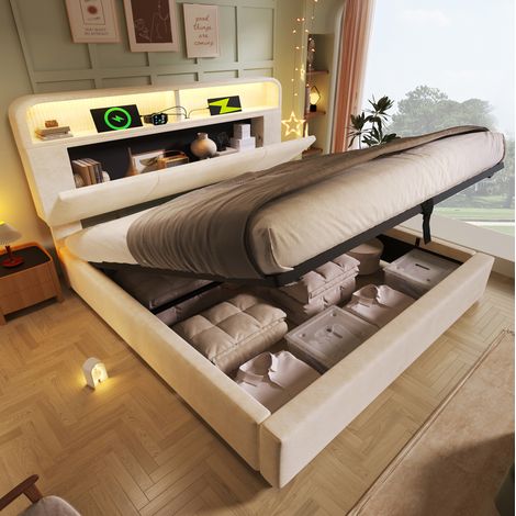 Letto matrimoniale 160x200 cm beige in velluto con contenitore idraulico, LED e ricarica USB/Type-C (1/5)