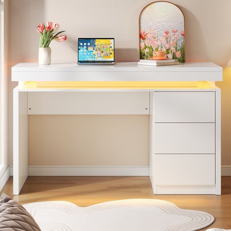 Bureau MDF 120x50x78,5 cm blanc mat avec LED multicolore et 3 tiroirs (1/5)