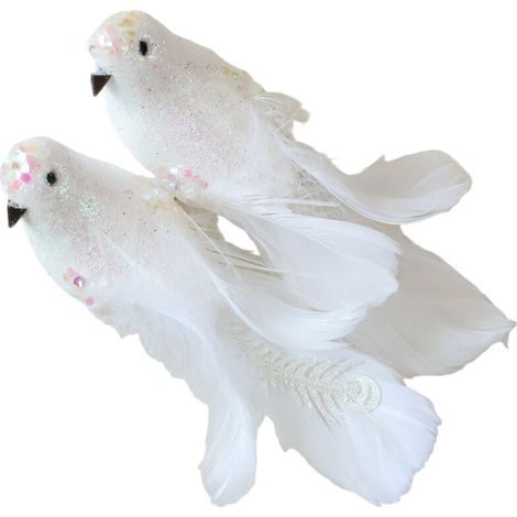 Decorazione per albero di Natale, 2 pezzi, uccellini piumati - Bianco