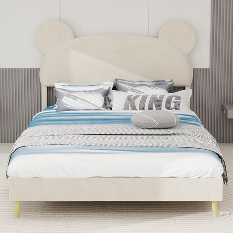 Lit rembourré moderne et minimaliste avec tête de lit en peluche à motif de dessin animé, 140 x 200 cm, beige, meuble de chambre multifonctionnel, base solide discrète (sans rangement)
