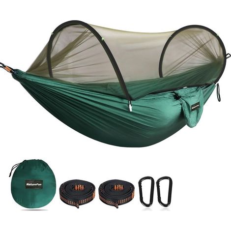 Hamac de camping ultraléger NATUREFUN avec moustiquaire Capacité de charge 300 kg, nylon parachute respirant et séchage rapide 2 mousquetons premium, 2 sangles en nylon, Vert (1/5)