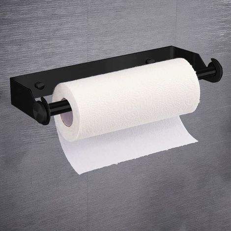 Wall-mounted paper towel holder, roll holder under the cupboard, stainless steel, self-adhesive installation without drilling, for storing toilet paper and towels, black black (1/5)