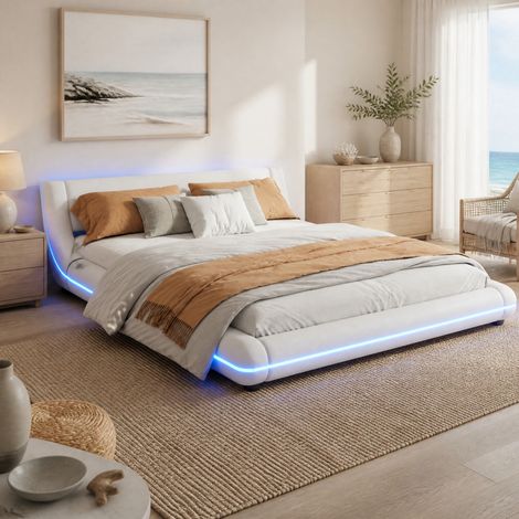 Cama de suelo 160 x 200 cm con iluminación LED, blanca, PU y MDF HAVRYA (1/5)