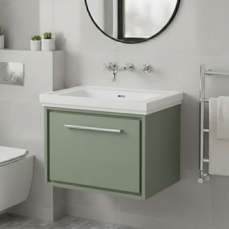 Hudson Reed Lille Wall Hung 1-Drawer Vanity Unit with 0TH Classique Basin 600mm Wide - Fern Green (1/5)