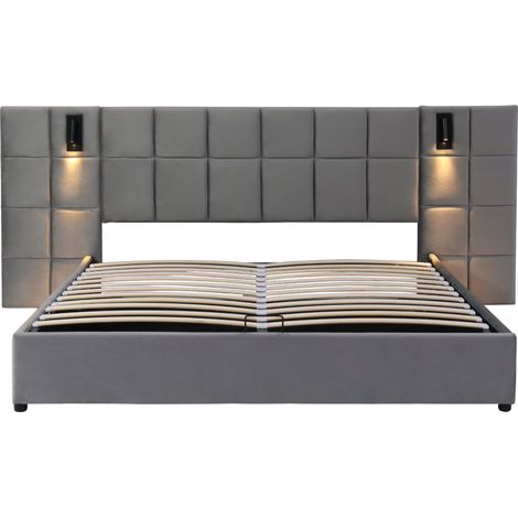 Cama tapizada 160x200 cm con almacenamiento hidráulico, LED regulable, USB, gris HOMVRA (1/5)