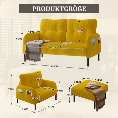 Ensemble Cord 3 pièces : fauteuil + repose-pieds + canapé 2 places avec poche latérale, structure tubulaire en acier et dossier extra-moelleux, assise profonde pour un confort optimal, combinaison mod (1/4)