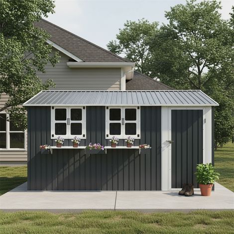 Abri de jardin - 370.8x303.8x204.9cm - cabane a outils en acier galvanise avec 3 fenetres et etagere - Gris anthracite (1/5)