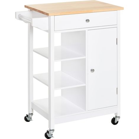 Chariot de cuisine, îlot sur roulettes avec plateau en bois, 3 étagères et placard de rangement – Blanc (1/5)