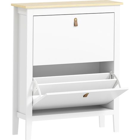 Armoire à chaussures 14 paires, blanc, avec 2 tiroirs pliants, étagères ajustables et démontables. (1/5)