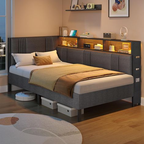 Canapé Lit 190×90cm, Cadre de Lit avec Éclairage LED et Multiprise, Lit Simple avec 3 Compartiments de Rangement, avec Sommier Métal, pour Adolescents, Gris Foncé, Modern (1/5)