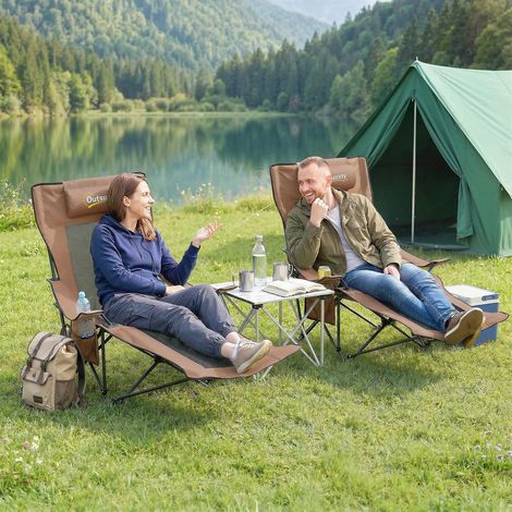 Ensemble de 2 chaises de camping pliantes en tissu Oxford et métal avec repose-pieds amovible, marron et noir (1/5)