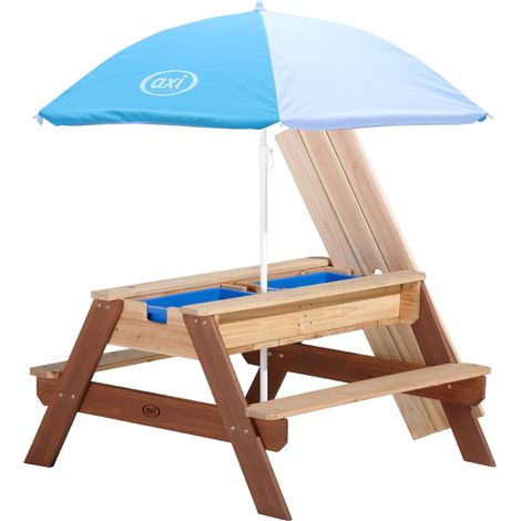 Axi Nick Table Sable Et Eau / Pique Nique Avec Parasol En Bois Marron  95 X 97 X 48 Cm  Avec Couvercle, Boîtes De Rangement & Parasol  Extérieur Pour Le Jardin