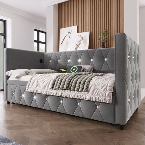Daybed Upholstered Bed Sofa Bed with USB &Type C Charging Sations, 3FT Single Bed 90x190cm with Trundle ,Pull out Trundle for Living Room and Bedroom, Velvet ,Grey