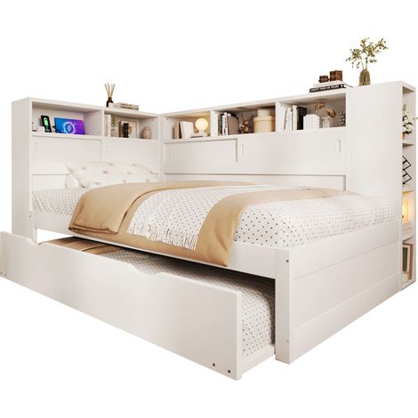 Lit de jour 90x200 cm (90x190 cm) pour enfant, sans matelas, canapé-lit avec tiroir escamotable, rangement intégré, port USB, blanc. (1/5)