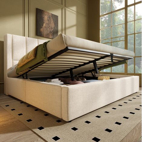 Letto contenitore 160x200 cm con caricatore integrato, portabicchieri nascosto, beige DESVIAE (1/5)