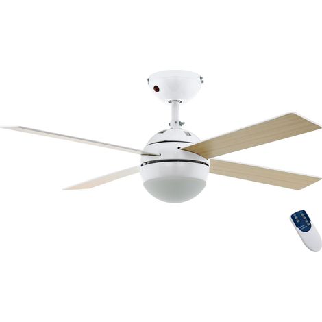 EGLO LED Deckenventilator Losciale, mit Fernbedienung, 4 Flügel Ventilator mit Beleuchtung, Ventilatorlampe Decke mit Sommer Winter Betrieb, Metall in Weiß und Holz, AC Motor, Ø 106,6 cm (1/3)