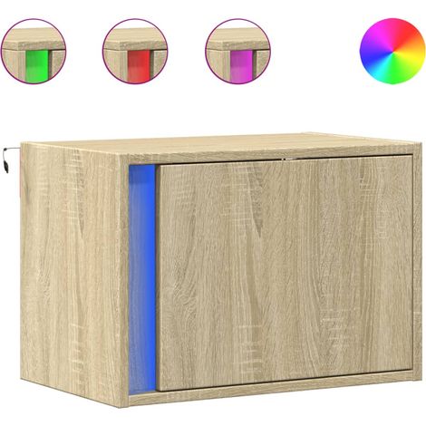 Comodino sospeso con luci led e vano con anta cm 50 x 31 x 35 in multistrato color rovere DEC034192