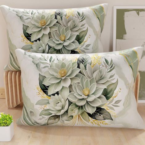 Lot de 2 Taies d'Oreillers 50x70 cm 100% Microfibre Hypoallergénique, Housse Oreiller Rectangulaire Motif Floral Vert, Paquet de 2