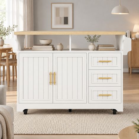 MODFU – Isola cucina mobile 120x40/80x95 cm in MDF/metallo con piani ribaltabili, 3 cassetti e ruote, carico 60 kg – Bianco (1/5)