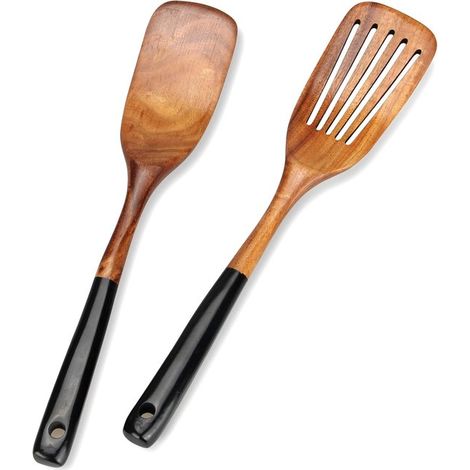 Set di 2 spatole in legno, utensili da cucina in legno di teak: setaccio, spatola per pancake, spatola piatta in legno, cucchiaio di bambù (1/5)
