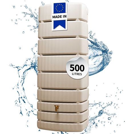 Garantia – Cuve murale 500 L en plastique recyclé – Récupérateur d'eau de pluie – Résistant aux intempéries – 2 raccords filetés 19 mm