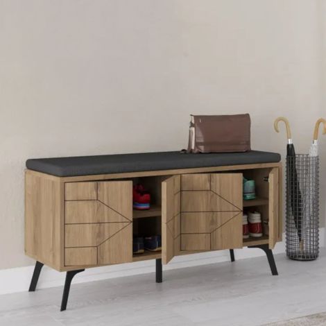 Zapatero Velma, Mueble para 8 Pares de Zapatos, 2 Estantes, 4 Puertas, 107x35x55 cm Roble Marrón (1/5)