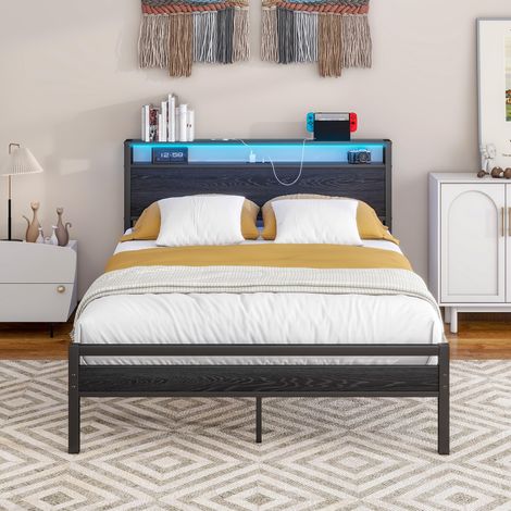 Lit 120x200 avec espace de rangement, cadre de lit en métal avec fonction de chargement USB et éclairage LED, lit coffre moderne avec étagère de tête de lit, lit junior/lit d'appoint (1/5)