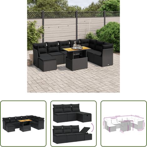 vidaXL Gartentisch mit Bezug - 9-tlg. Garten-Sofagarnitur mit Kissen Schwarz Poly Rattan (1/5)