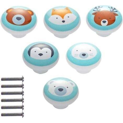 6 boutons d'armoire en céramique, boutons d'armoire en céramique avec vis, bouton de poignées de meubles à motif animal de dessin animé, pour poignées de porte, placards, tiroirs (1/4)