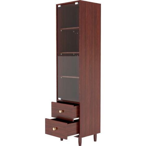 Vitrine haute en bois avec LED, 2 tiroirs, porte en verre, style rétro avec poignées dorées H165 x L40 x P35 cm (1/5)