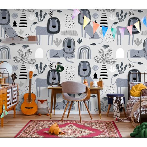 Papier peint Enfant – Motif lions gris style scandinave - 150 x 250 cm (1/2)