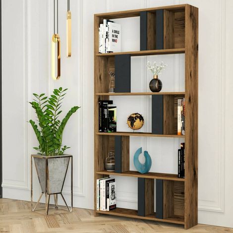Dmora - Estante para libros Algieba, Estante de oficina, Porta libros móvil, Biblioteca, 90x20h180 cm, Nogal y Antracita, con embalaje reforzado (1/5)
