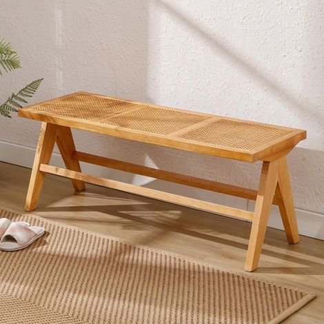 Wahson Banco de Comedor de Ratán con Patas de Madera Maciza, Banco Rústico Multifuncional para Entrada, Dormitorio y Sala de Estar, Amarillo (1/5)