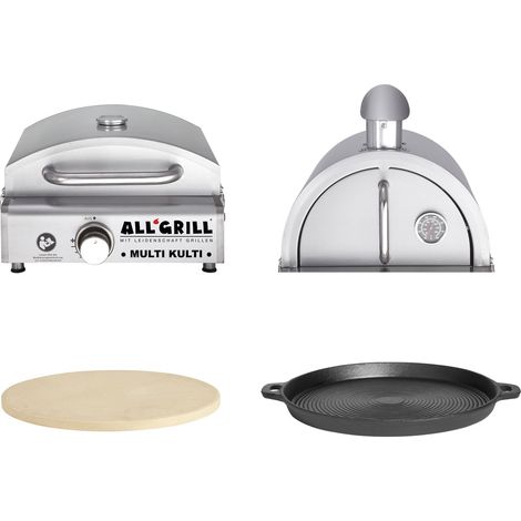 Allgrill MULTI-KULTI Set 4 zündgesichert - Gasgrill + Pizzahaube + Pizzastein + Gusspfanne