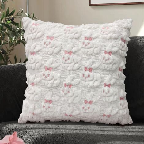 Lot de 2 housses de coussin Lapin de Pâques – 45 x 45 cm – Joli motif lapin avec nœuds – Décoration intérieure style ferme – Housses de coussin douces et moelleuses en fausse fourrure (1/5)