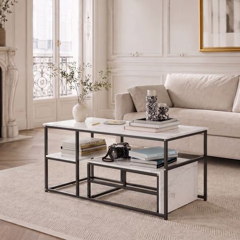 Table basse gigogne 105x52x48.5cm, Ensemble table basse et bout, Effet marbre et cadre en Bois avec étagère de rangement, Noir (1/5)
