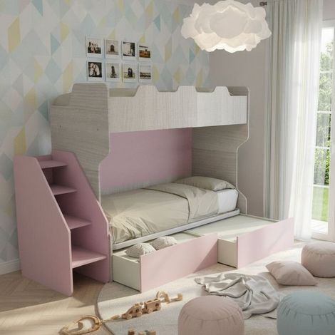 Letto a castello salvaspazio con terzo letto estraibile e scala laterale - Ideale per camerette - Rovere rock e cipria